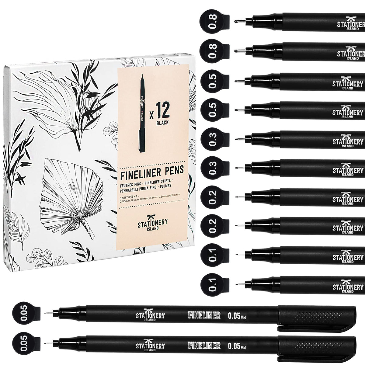 STATIONERY ISLAND Black Fineliner Pens - Set of 12 - Assorted Nibs - Fine Tip - For Sketching, Inking, Bullet Journal, Drawing, Writing, Manga and Graphic Design