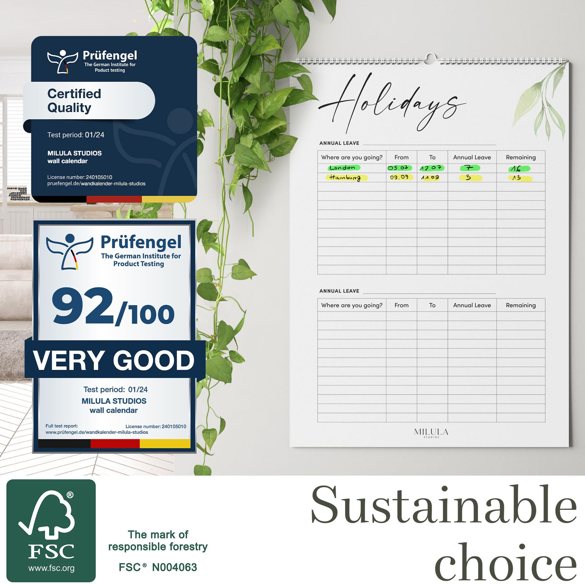 Calendar 2024 Greenery Wall Calendar - Monthly 2024 Calander in A4 Portrait Format - Family Planner 2024 - Premium Annual Calendar for Easy and Efficient Planning from Milula Studios