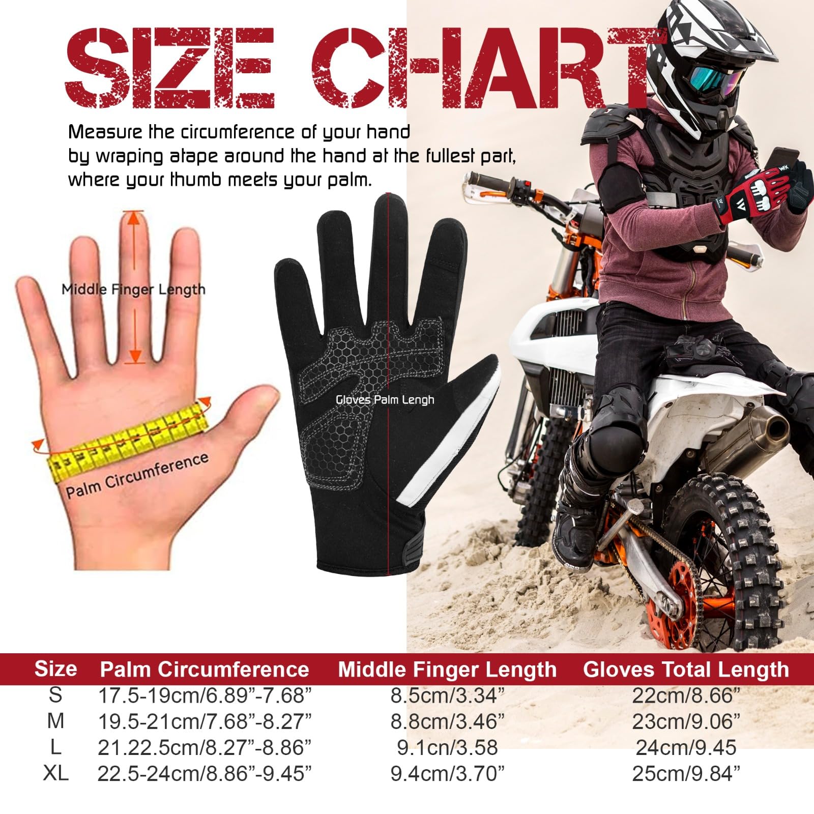 WESTWOOD FOX Motorbike gloves for men and women,Breathable, Touchscreen, Palm Pads motorcycle gloves for BMX,Cycling, ATV,MTB Racing,Road Racing,climbing,Hiking,and outdoor activities (Red, M)