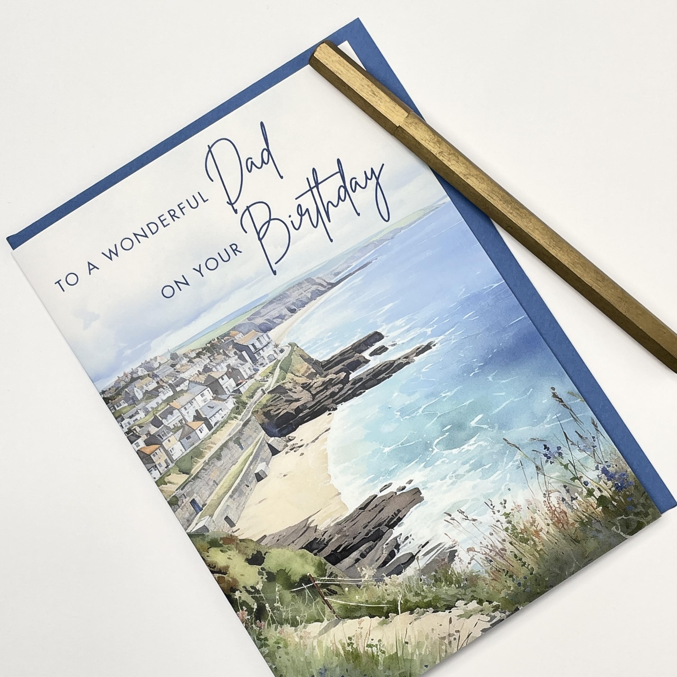 Old English Co. Artistic Birthday Card for Dad - Watercolour Seaside Town Birthday Card for Wonderful Dad - Traditional Birthday Card for Him - For Dad   Blank Inside with Envelope