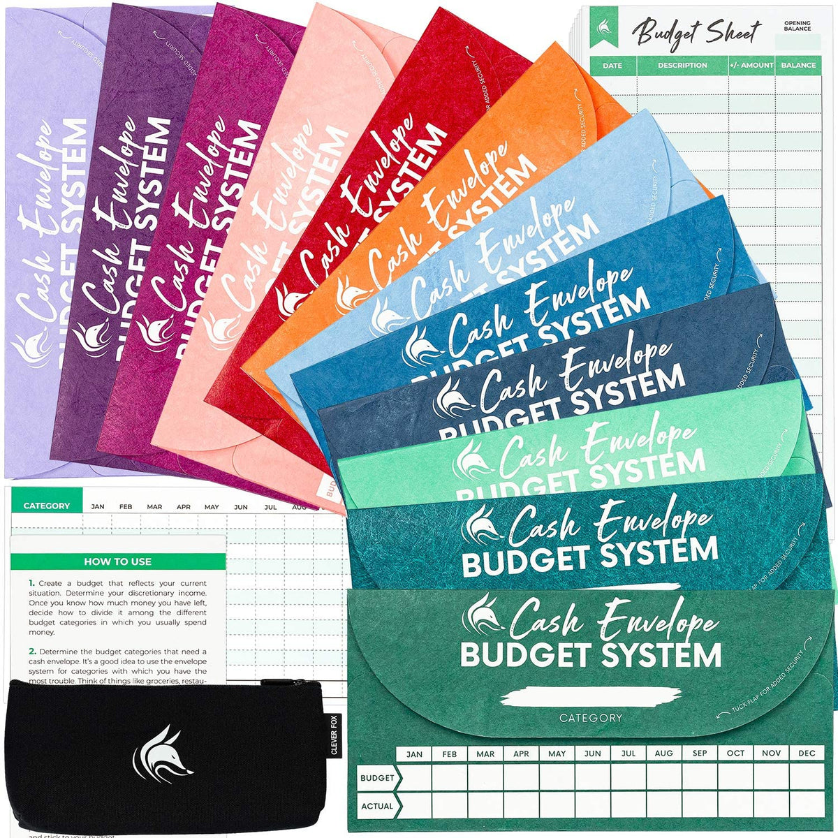 Clever Fox Cash Envelopes for Budget System - Money Envelopes for Budgeting and Saving, 12 Pack of Assorted Colors, Tear and Water Resistant, Includes Carry Pouch & 12 Expense Tracking Budget Sheets