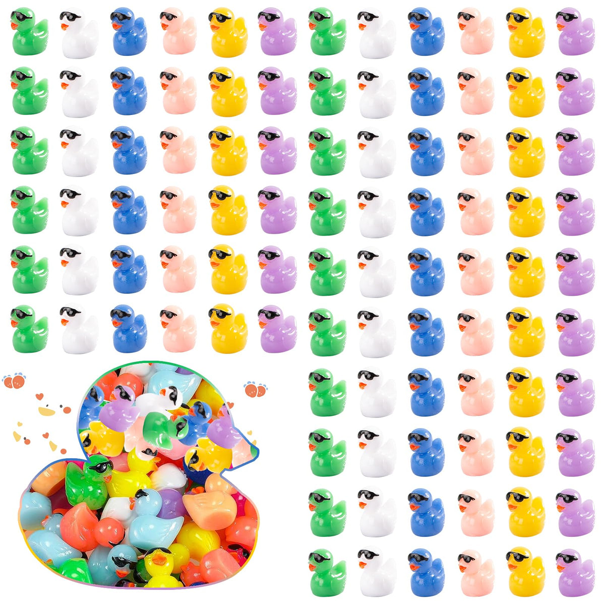 Movstriker 100Pcs Tiny Ducks, Mini Resin Ducks with Sunglasses Cute Realistic Mini Rubber Ducks Miniature Ornaments Dollhouse Accessories for Handwork Aquarium DIY Crafts Garden Decorations