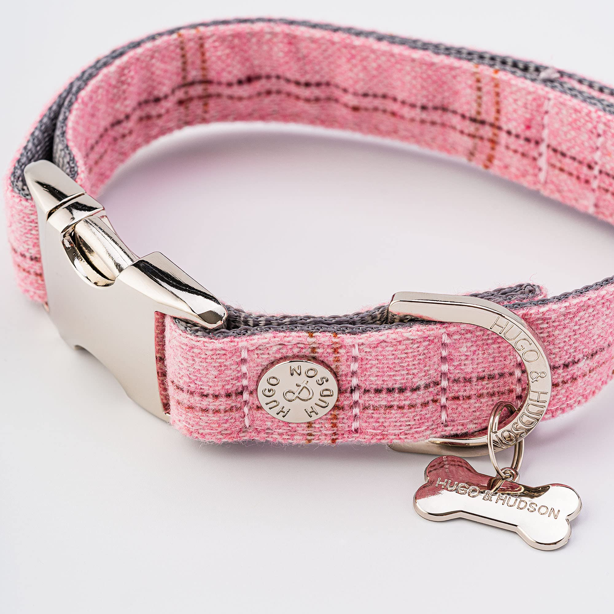 HUGO & HUDSON Tweed Dog Collar, Adjustable Quick Release Safety Metal Buckle, Pink Checked, S