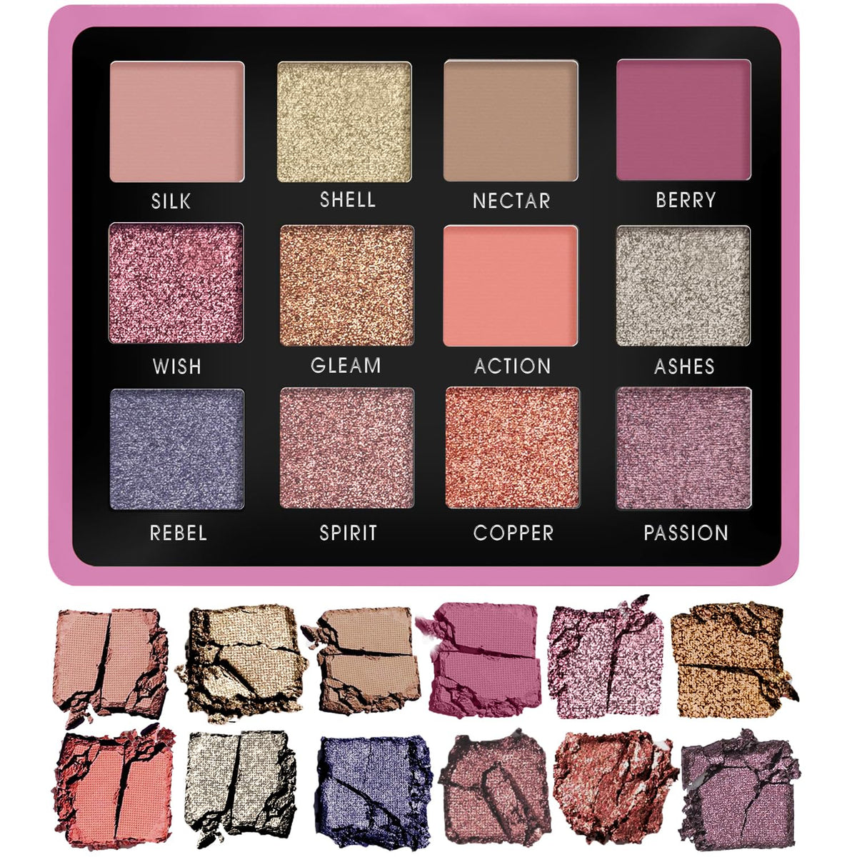 Lamora Pink Eyeshadow Palette Makeup - 12 Highly Pigmented Shimmer and Matte Shades - Travel Size with Mirror - Vegan & Cruelty Free