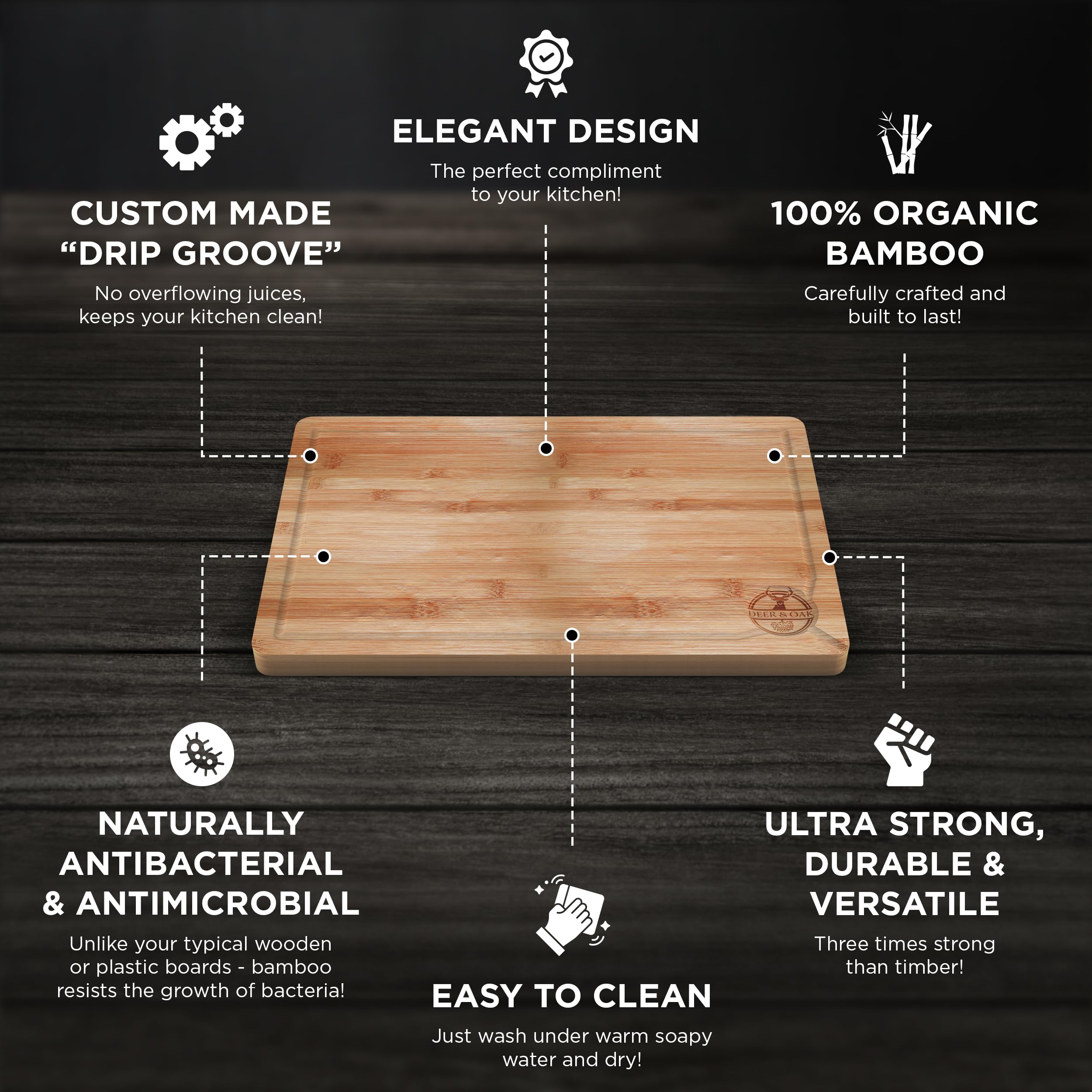 Deer & Oak - Premium Wooden Chopping Board - Large 38 x 25 x 2 cm Bamboo Cutting Board for Carving Meat or Vegetables - Chopping Boards for Kitchens - Pre Oiled, Treated, Attractive Wood