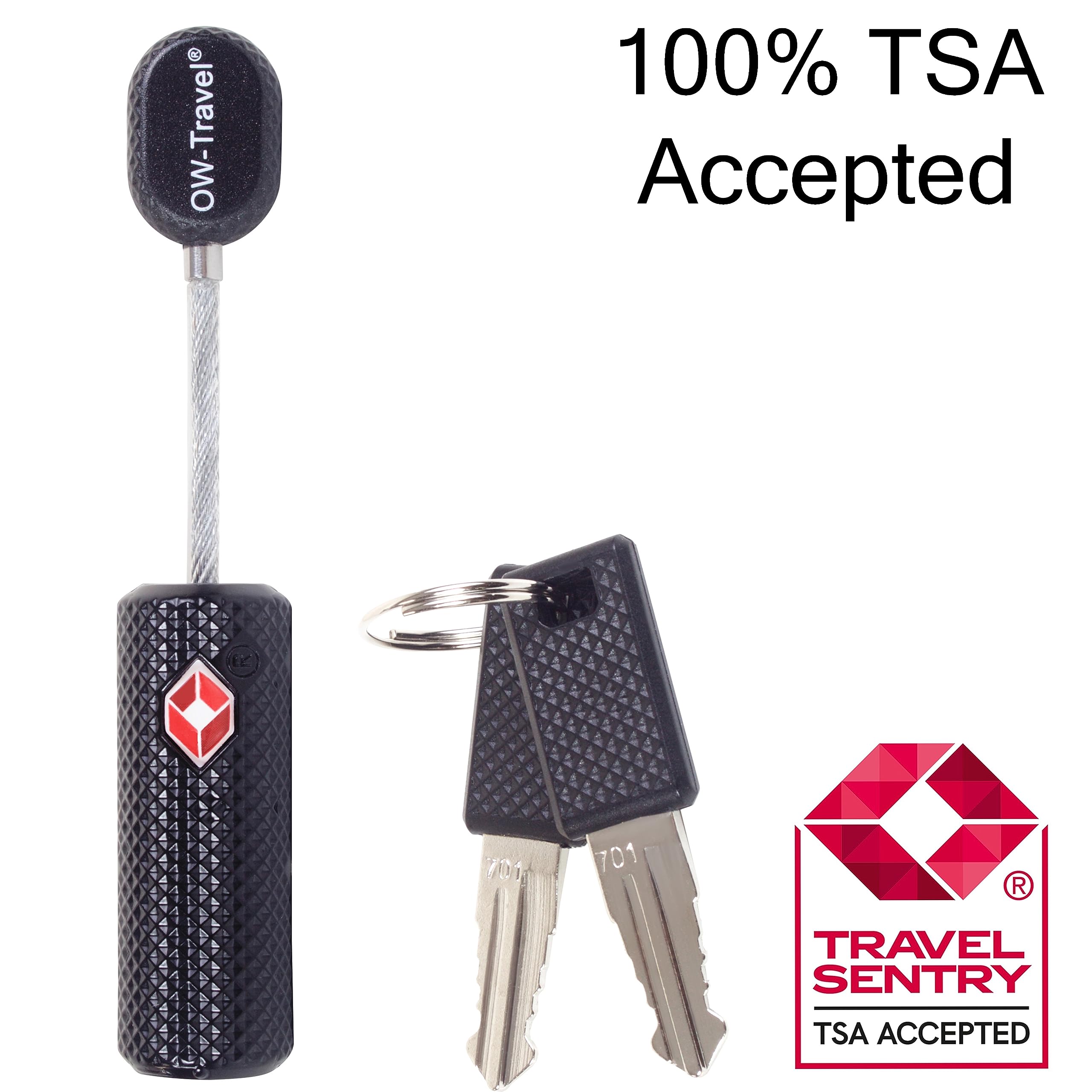 OW-Travel TSA Approved Luggage Locks with Keys (2 Pack Black) Zinc Alloy Suitcase Locks Luggage with Wire Lock. Luggage Cable Lock: TSA Travel Padlock, Backpack Lock, Tent Lock, Suitcase Padlocks