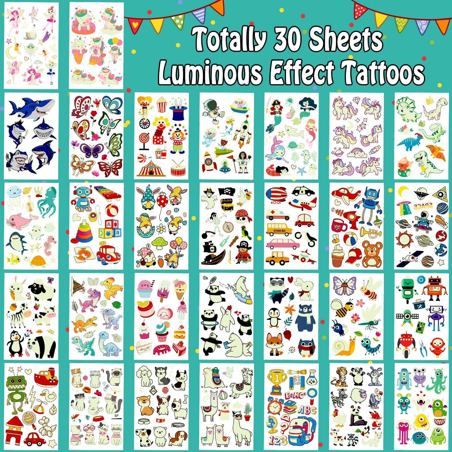 Leesgel Party Bag Fillers for Kids, 380 Styles(30 Sheets) Luminous Temporary Tattoos Stickers for Children Birthday Party Favours, Girls Boys Toys Party Games Stuff Supplies