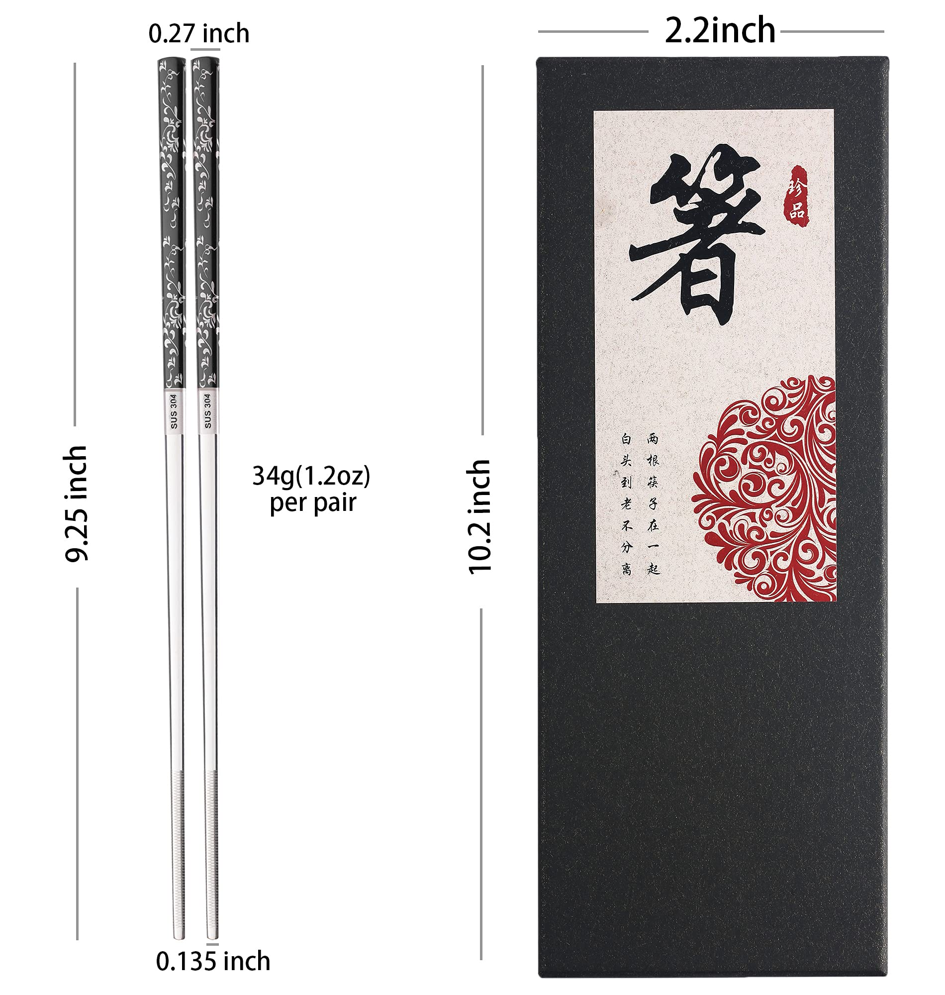 Metal Chopsticks Reusable Titanium Plated 18/8 Stainless Steel Chopsticks Dishwasher Safe Premium Non-Slip Laser Engraved Chop Sticks Korean Japanese Chinese Chopsticks 2 Pairs Gift Set Black Silver