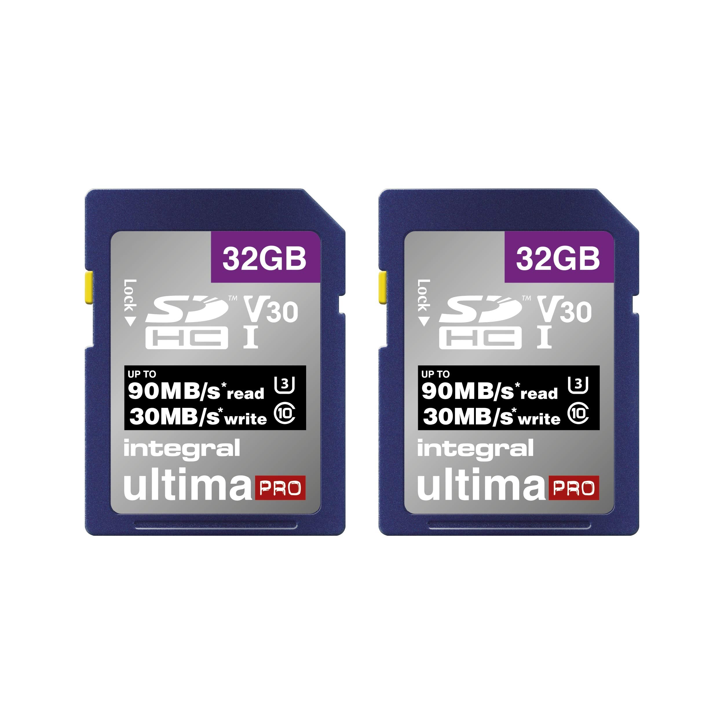 Integral 32GB 2 Pack SD Card with a 6 Slot Protective Metal Card Case - 4K Ultra-HD Video Premium High Speed Up to 90MB/s Read Speed - SDHC V30 UHS-I U3 Class 10 SD Memory Card Twin Pack