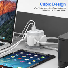 Cube Extension Lead with USB Slots, 4 Way Multi Plug with 2 USB A and 1 USB C Ports, UK Power Strip Surge Protected Extension Tower with Switch and 1.5M Cable Cord for Home, Kitchen, Office