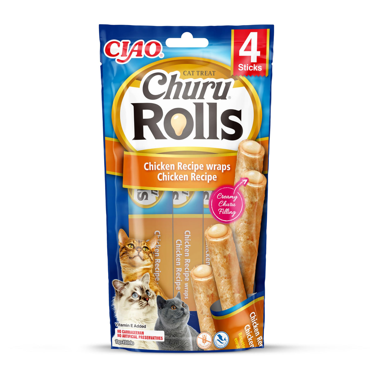 Ciao Churu Rolls by INABA Cat Treat - Chicken Flavour (4 x 10g) / Crispy Sticks with Creamy Filling Cat Treat, Delicious & Healthy Snack, Hand Feeding, Natural, Grain Free