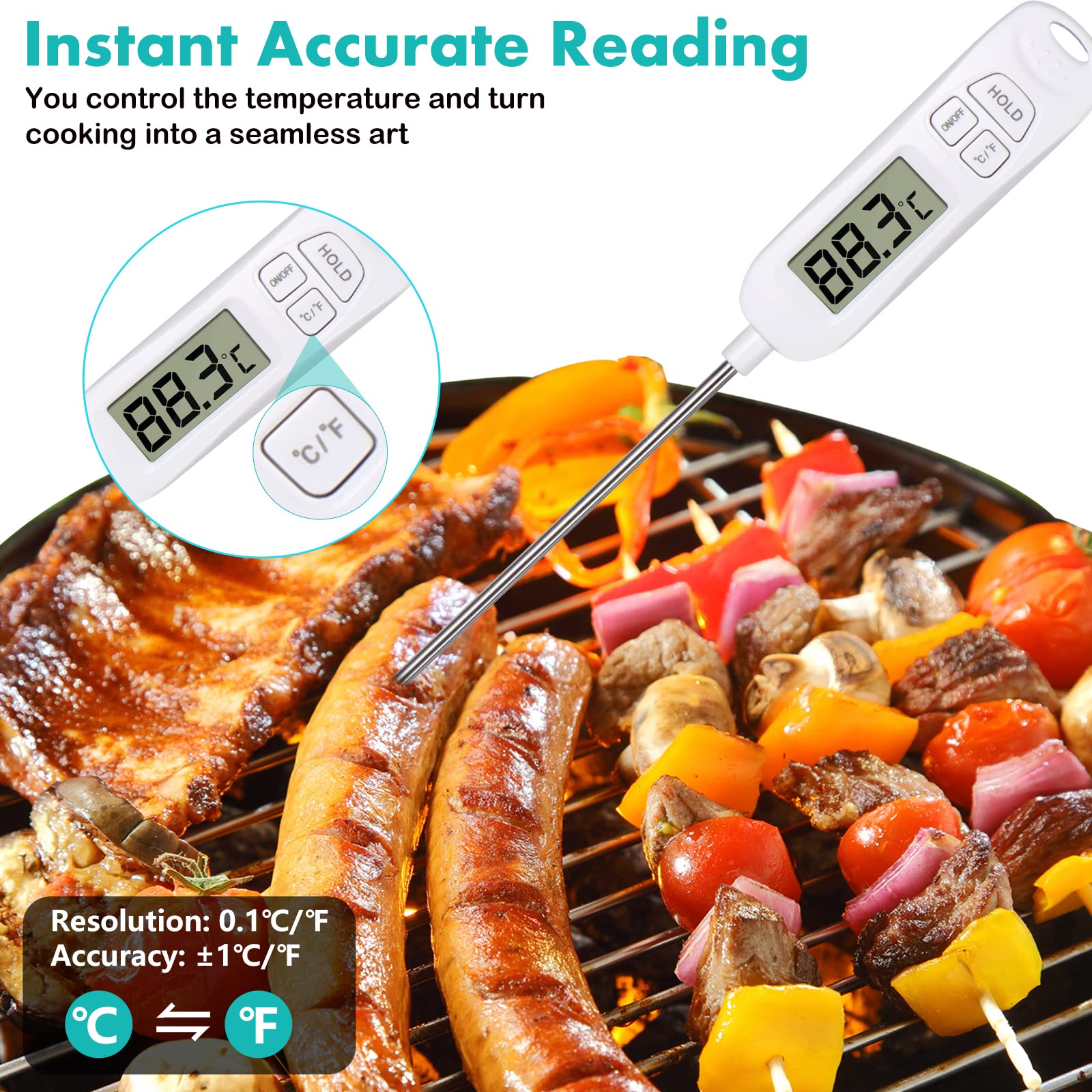 Allinone-Kitchen Meat Thermometer,Digital Instant Read Kitchen Cooking Temperature Long Food Probe with Large LCD Screen℉/℃ Button for Hot Beverage,Grill,BBQ,Jam,Water,Milk,Battery Included