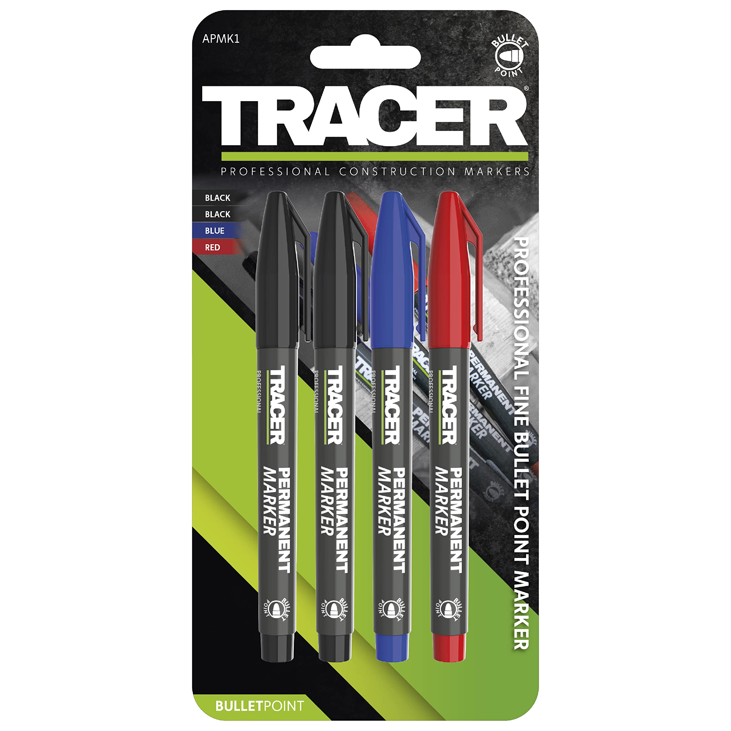 Tracer Fine-Point Permanent Construction Marker Kit (1-2mm Bullet Point General-Purpose Markers with quick-drying ink) – Red, Blue, 2x Black