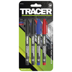 Tracer Fine-Point Permanent Construction Marker Kit (1-2mm Bullet Point General-Purpose Markers with quick-drying ink) – Red, Blue, 2x Black