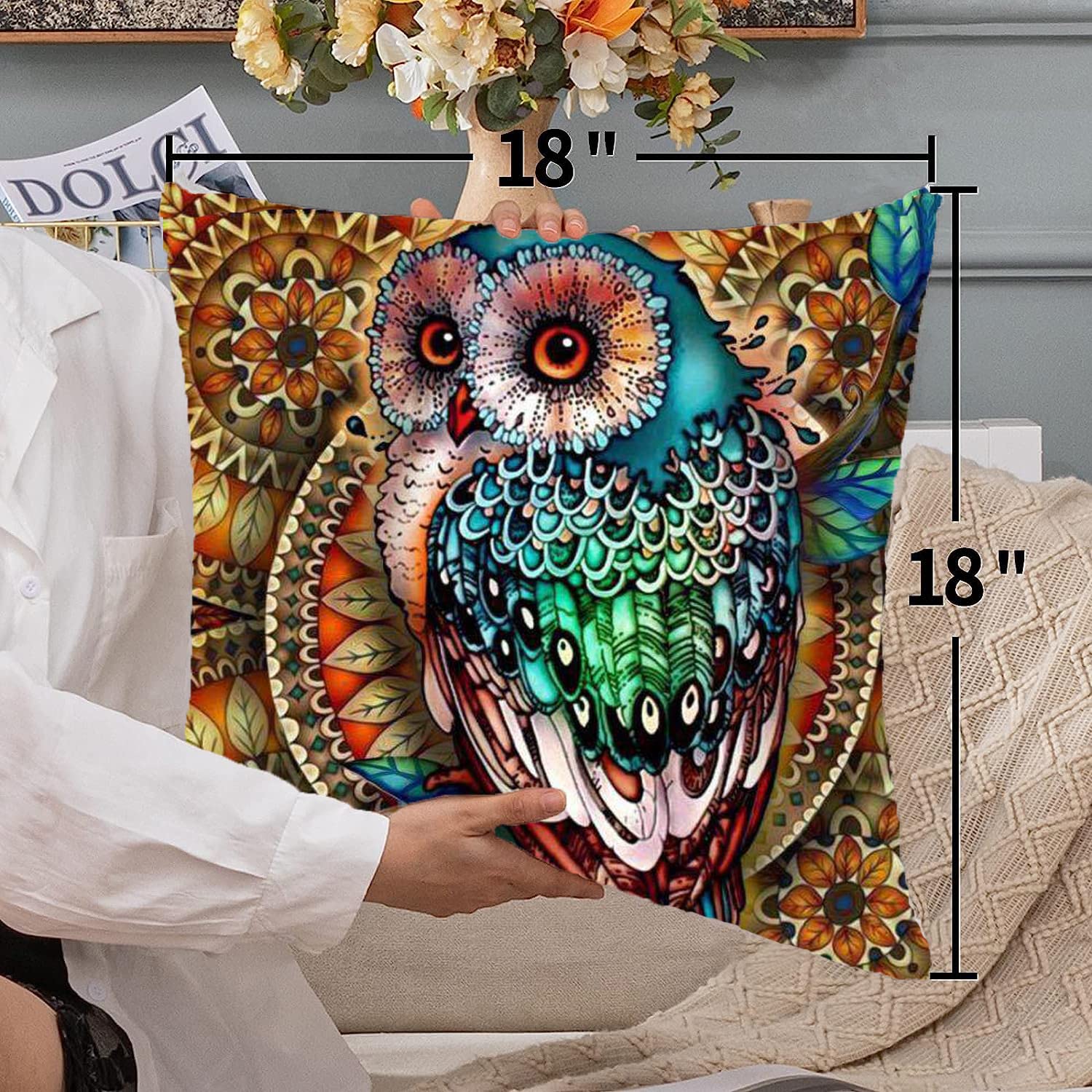KUNQIAN Owl Cushion Cover Owl Ornament Gifts Throw Pillow Case Decor for Home Livingroom Couch Bed Sofa Decorate 18 inchesx18 inches