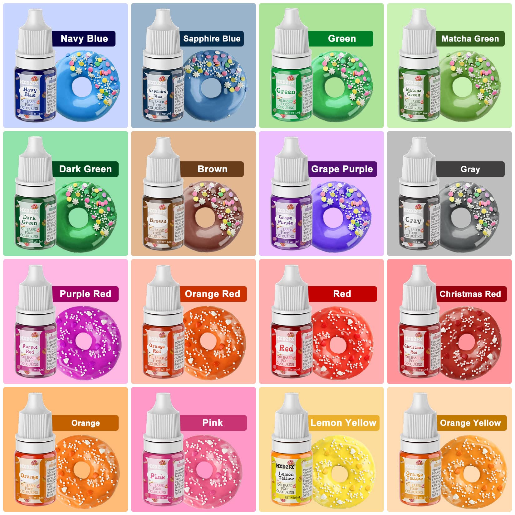 Oil Based Food Colouring - 16 Colours Concentrated Oil Based Food Coloring Set, Food Dye For Cream Cakes, Baked Cake Decoration, Chocolate, Candy, Ice Cream, Doughnuts, Biscuits - (Per Bottle 6ml)