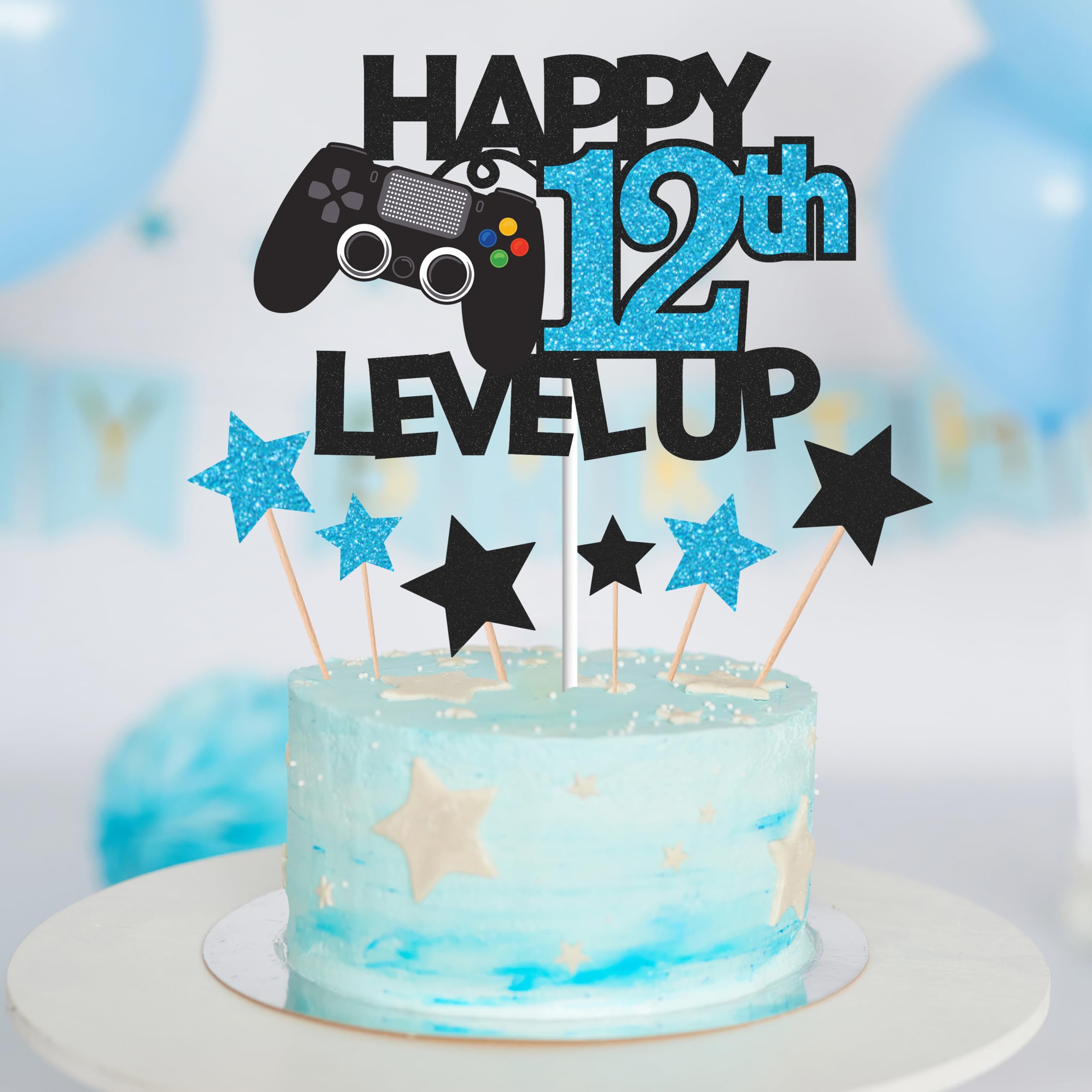 Gidobo 12th Birthday Cake Toppers, Black Glittery Cake Decorations with Controllers Themed, Twelve Years Old Level Up Video Game Birthday Party Supplies for Boys