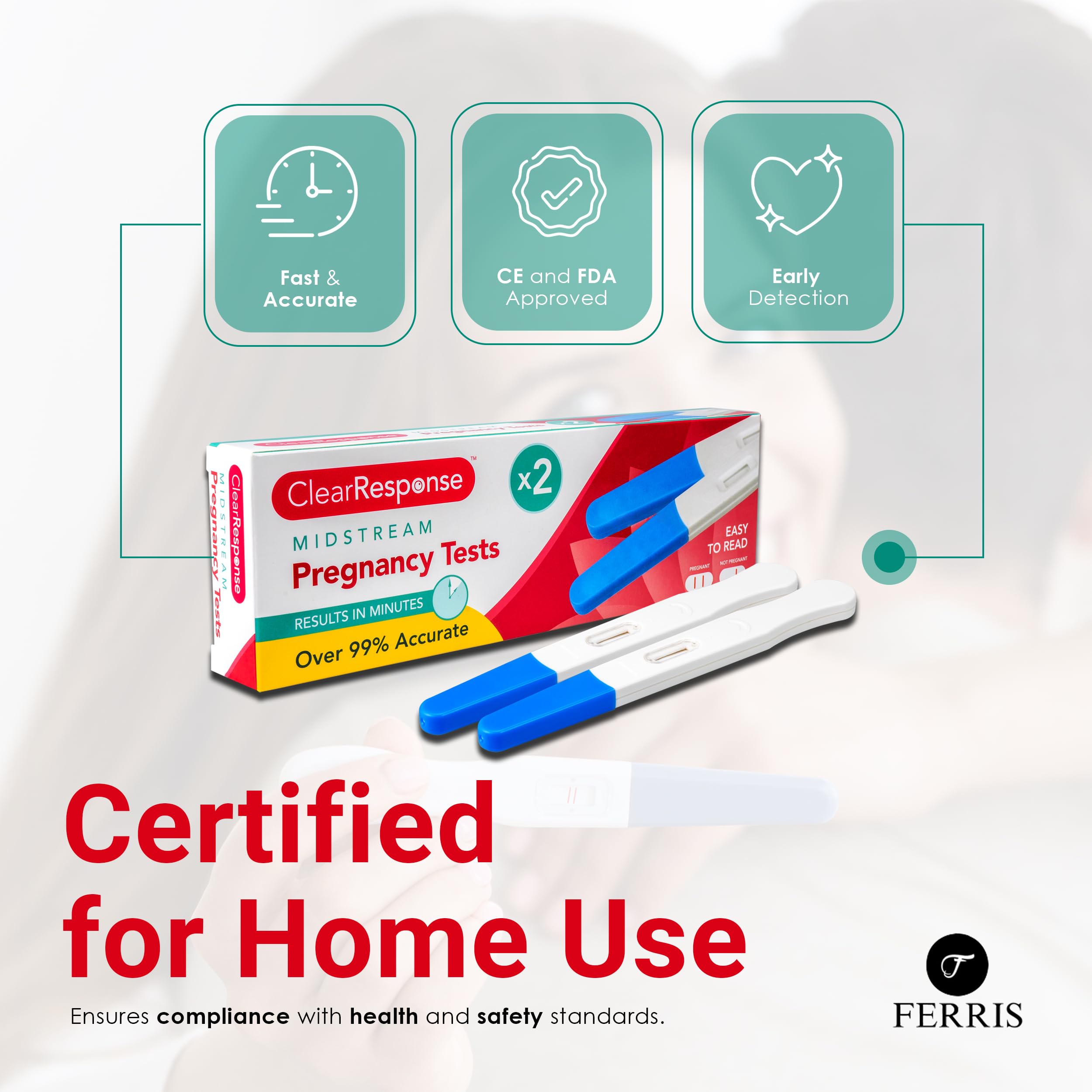 FERRIS   Pack of 2 Pregnancy Tests, Early Response Home Testing Kit, Early Family Planning, Quick Result & Easy Detection   Over 99% Accuracy - Discreet Packaging