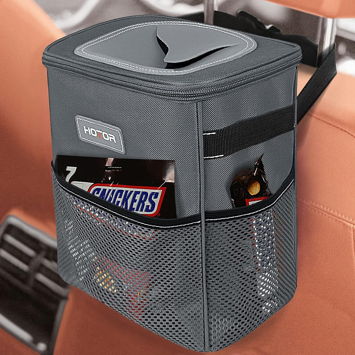 HOTOR Car Bin, Leak-Proof Car Bin for Tidy Use, Foldable and Waterproof Car Accessories for Interior, Multipurpose Rubbish Bin with Lid, Adjustable Straps and Multiple Pockets, Grey