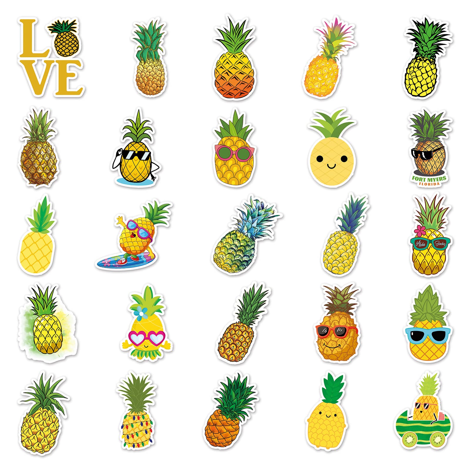 Pineapple Stickers for Laptop (50 PCS),Gift for Children Teens Adults Girl Boys,Waterproof Cute Cartoon Yellow Stickers for Water Bottle,Vinyl Stickers for Journal,Dairy,Scrapbook,Skateboard