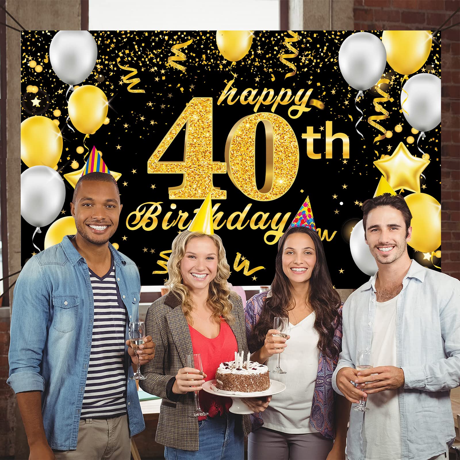 Happy 40th Birthday Banner,40th Birthday Decorations Black Gold,Party Backdrop Banner Fabric Banner for Men Women 40th Birthday Photo Backdrop,Photography Background,Outdoor Garden Table Wall Decor