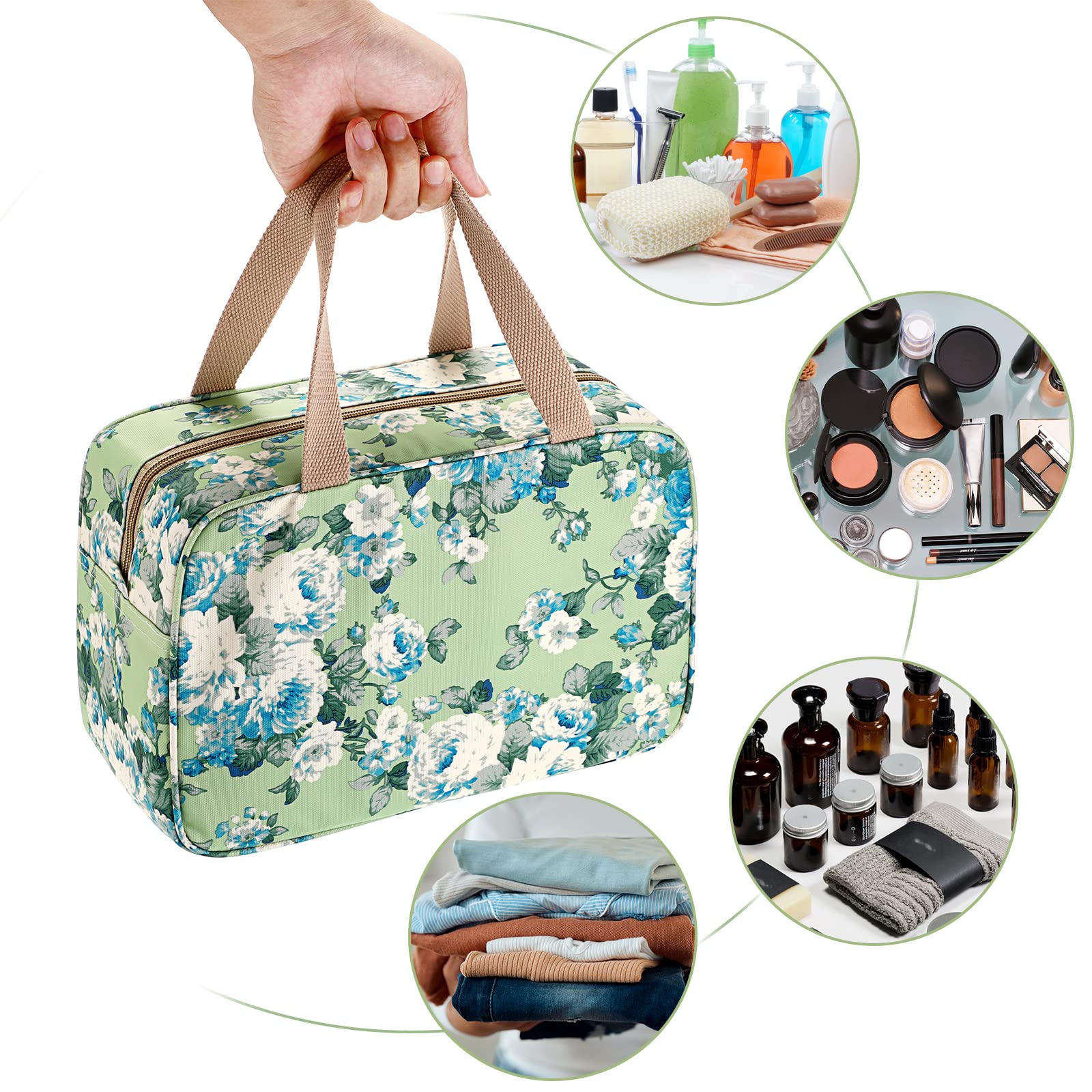 IGNPION Woman Large Travel Toiletry Bag Waterproof Wash Bag Make up Organizer Bag Cosmetic Bag Swimming Gym Bag (Green Flower)