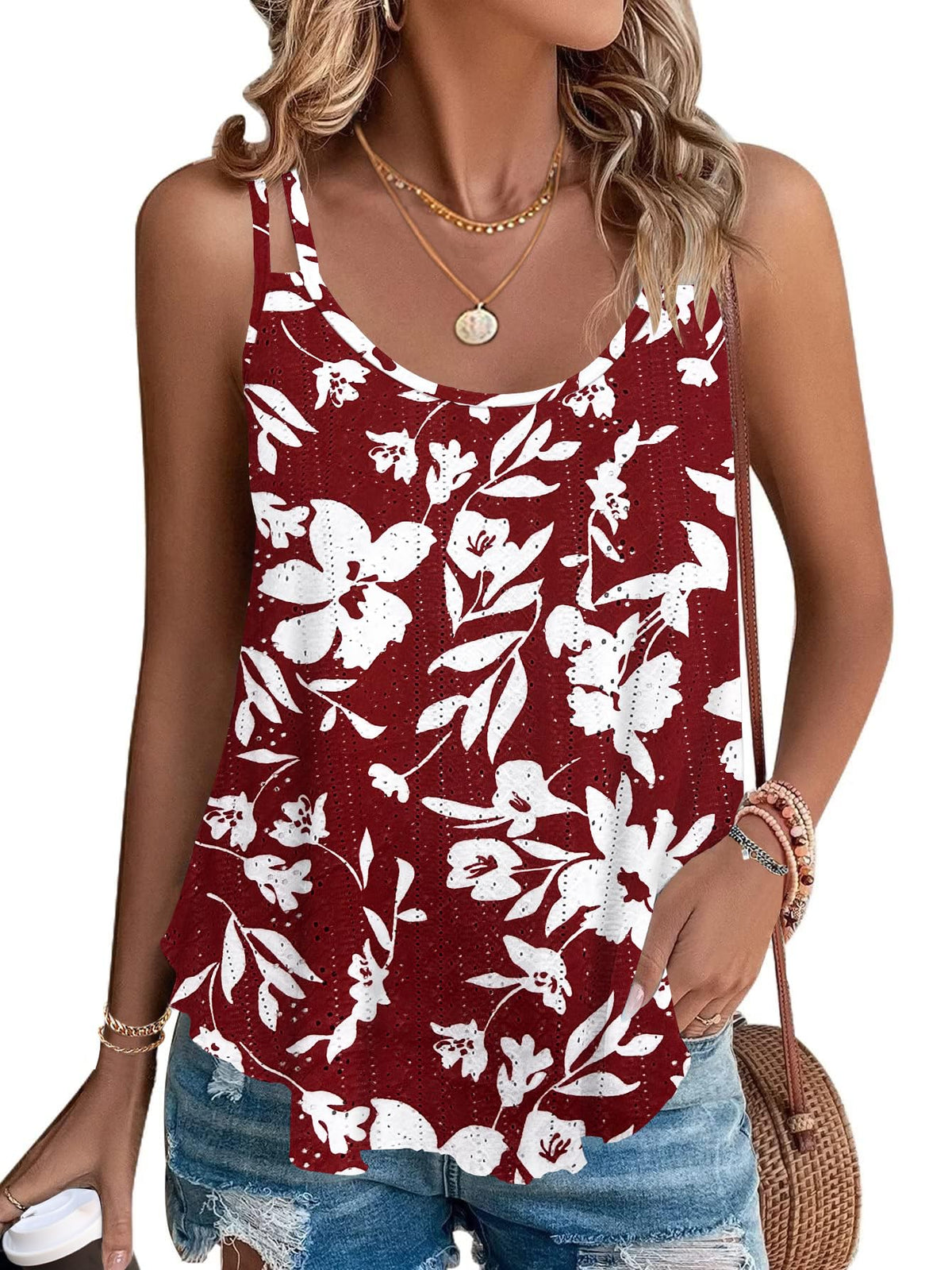 WNEEDU Women's Summer Tank Tops Ladies Sleeveless Vests Tanks Top Loost Fit Casual Shirts Eyelet Embroidery Vest Blouses Cami Camisole Red White Flower M