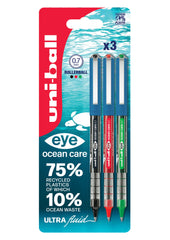 uni-ball Eye Ocean Care UB-157ROP Rollerball Pens. Fine 0.7mm Ballpoint Tip for Smooth Writing, Drawing, Art & Colouring. Fade and Water Resistant Liquid Uni Super Ink. 3 Pack Black, Red, Green