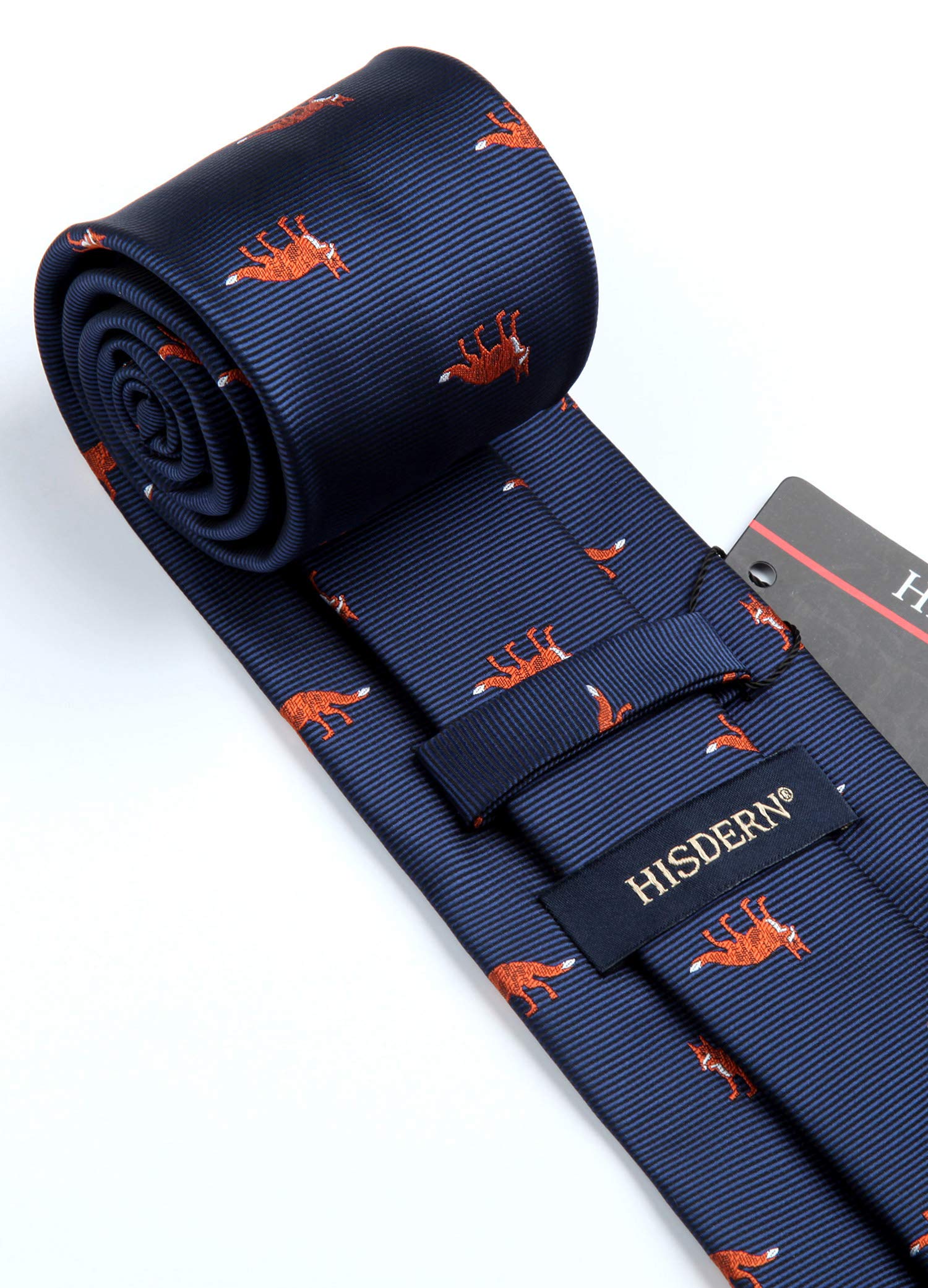 HISDERN Fox Tie for Men Navy Blue Ties Handkerchief Novelty Animal Pattern Wedding Necktie & Pocket Square Set