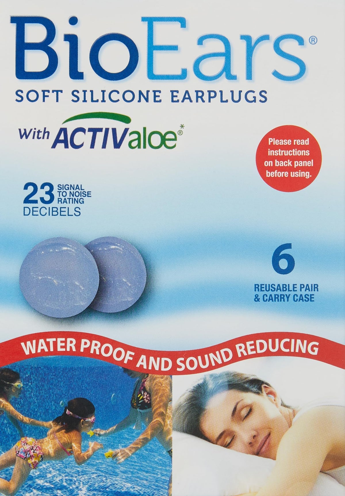 BioEars 41304 Soft Silicone Earplugs with ACTIValoe. Premium silicone. Protection from Water and Noise (6 pairs),Blue