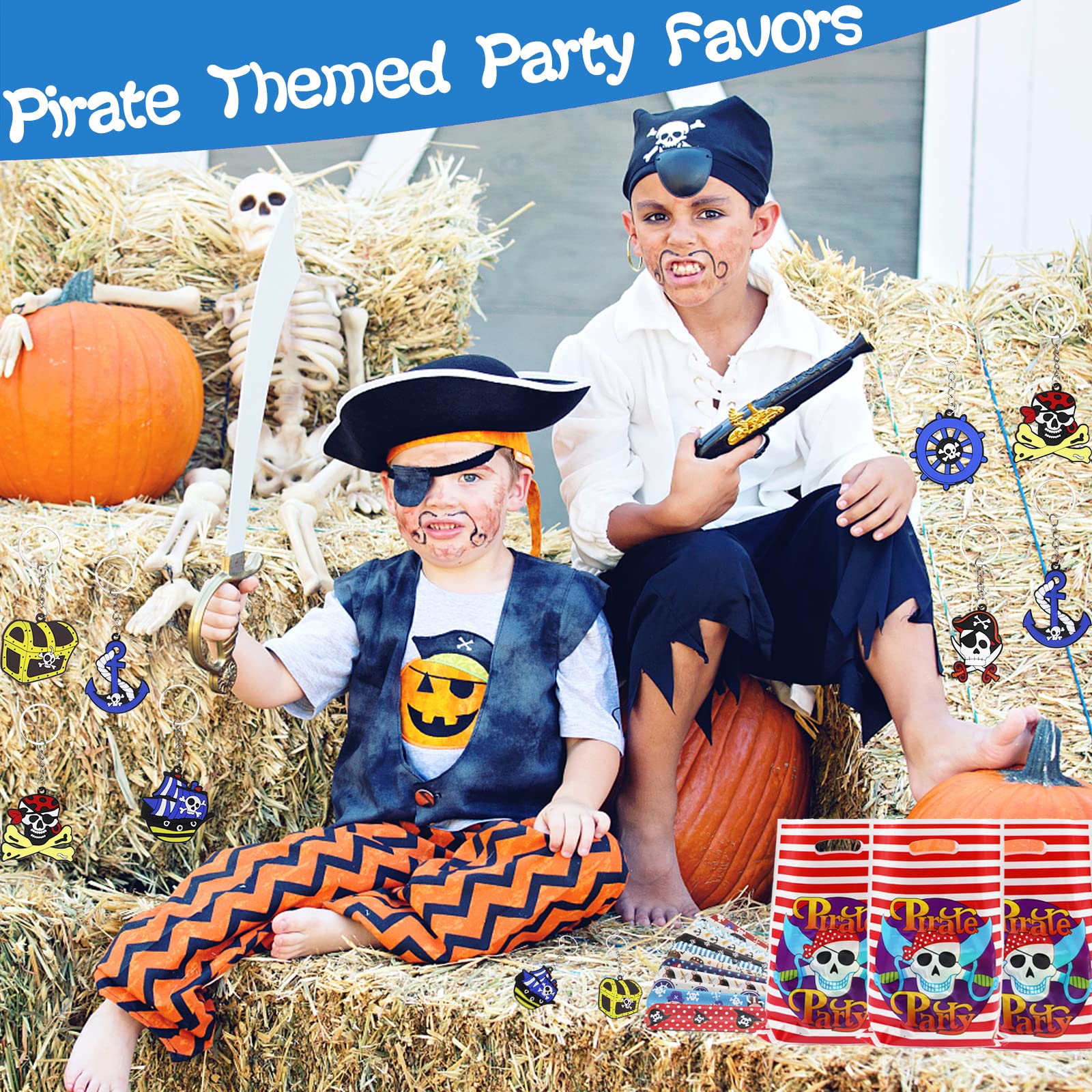 Pirate Party Bag Fillers for Kids Boys Girls, 42Pcs Pirate Theme Assorted Toys Pinata Filler with Slap Bands Stickers Keychains Gift Bags Lucky Dip Prize Party Favours for Birthday Gift Halloween