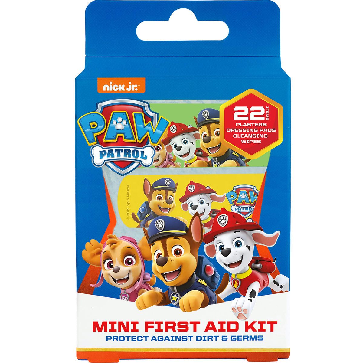 Paw Patrol Childrens Plaster First Aid Kit Including Saline Solution Wound Cleansing Wipes/Dressing Pad (Latex Free/Hypoallergenic/Wash proof/Breathable/CE Certified), Multicolour, 22 count