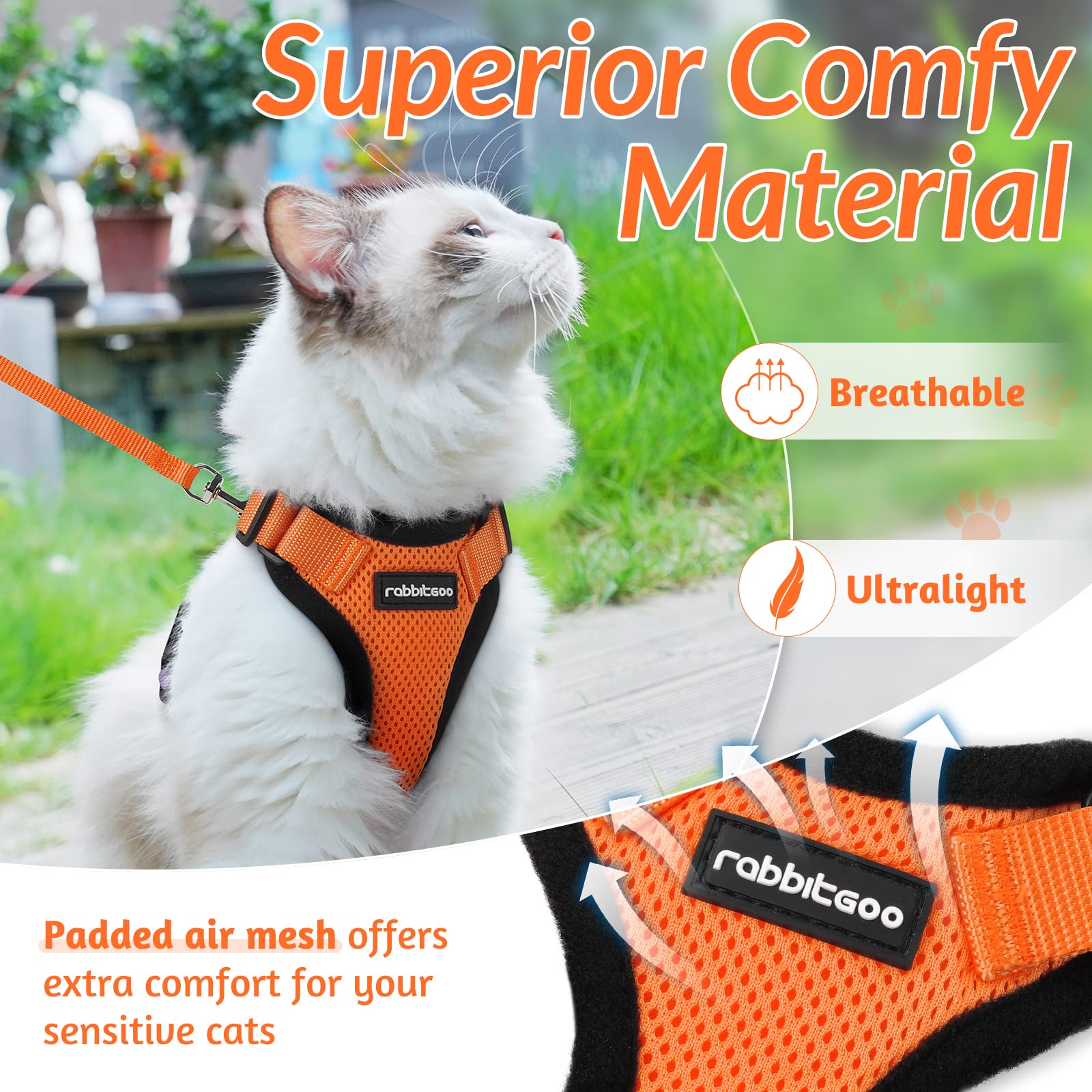 rabbitgoo Cat Harness and Lead Set, Escape Proof Kitten Harness with Cat Leash Metal Ring, Lightweight Soft, Reflective Adjustable Vest Harnesses for Small Cat Walking Travel XS, Orange