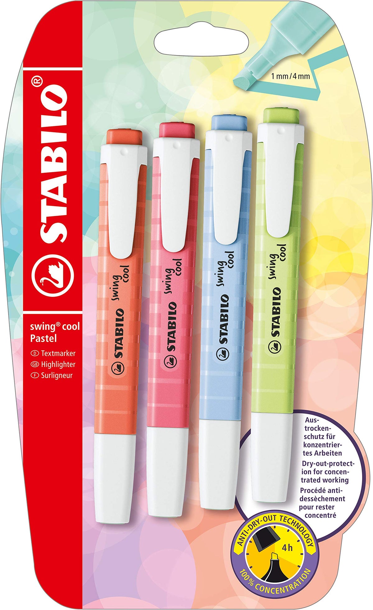 Highlighter - STABILO swing cool Pastel - Pack of 4 - Dash of Lime, Cherry Blossom Pink, Cloudy Blue, Mellow Coral Red