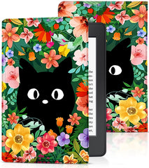 Pegmode for Kindle Paperwhite 11th Generation Case 6.8 Inch 2021 / Paperwhite Signature Edition Cute Women Girls Teens Unique Cat Flower Folio Fabric Paper White Cover Auto Sleep/Wake E-Reader