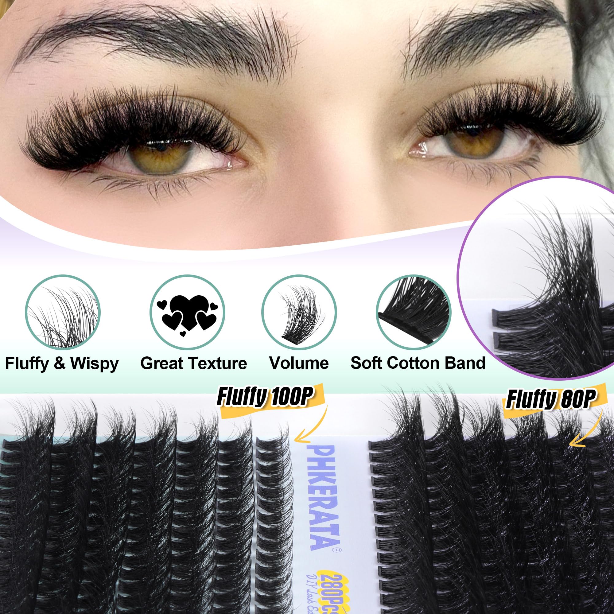 PHKERATA Individual Eyelashes Russian Cluster Lashes Fluffy D Curl Lashes Individual Cluster Wispy Lash Clusters 80Dand100D Eyelash Clusters with Tweezers Eyelash Extensions,10-18mm