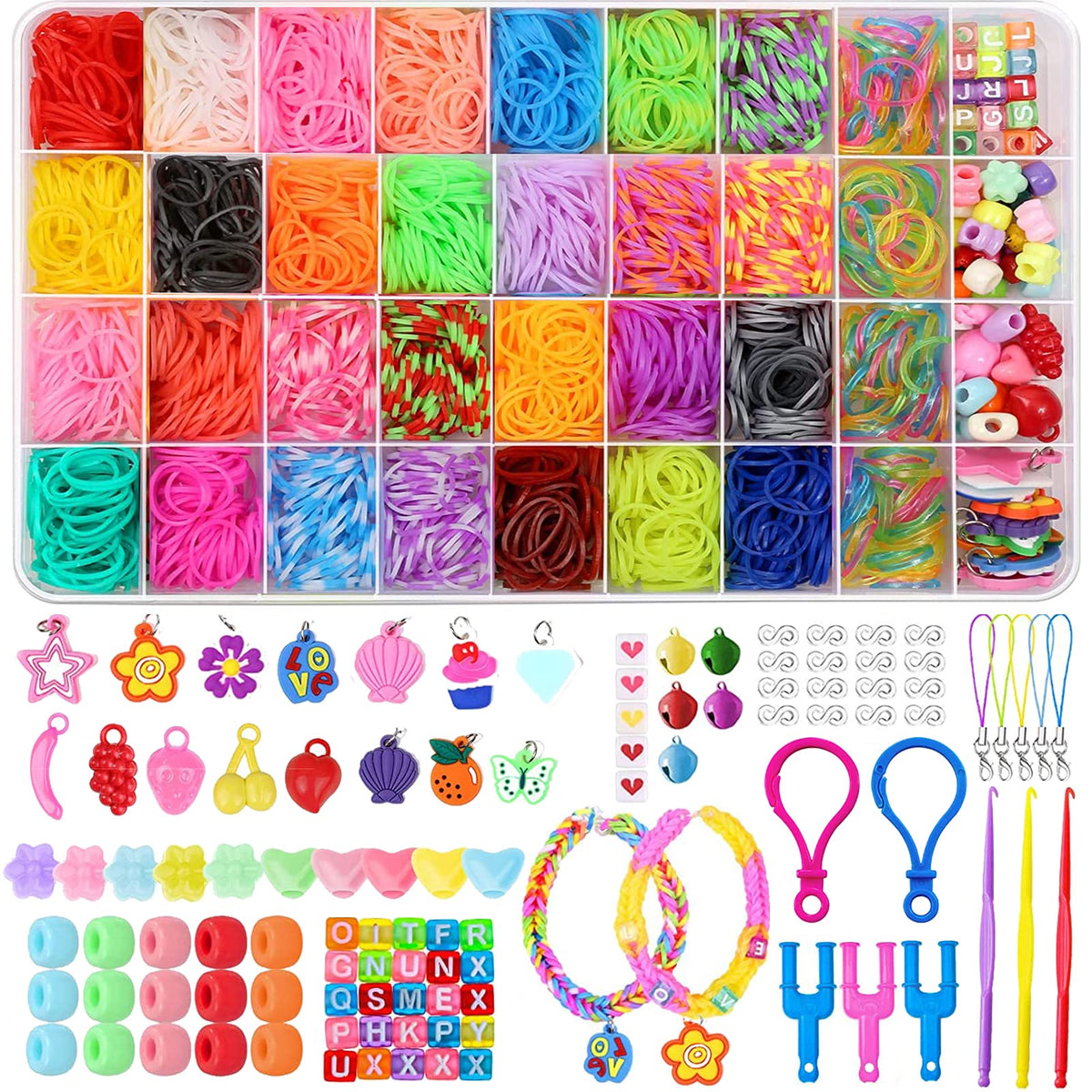 CYCFMYYLY 2600and Rubber Band Kit, DIY Rubber Bands 32 Colors Rubber Bands for Refill Making Kits Accessories with Bead S-Clips Making Set for Kids Christmas Gifts Birthday Party