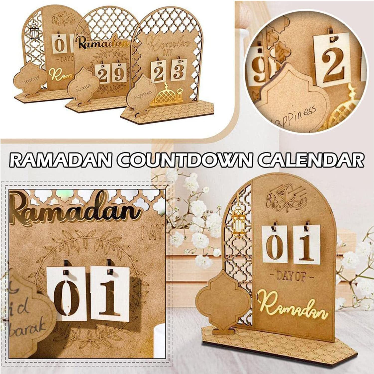 YLYDMY Ramadan Advent Calendar Wooden Countdown Calendars Decorations for Home, Ramadan Decorations for Home,30 Days Til Eid, Ramadan Gift for Kids (A-01)