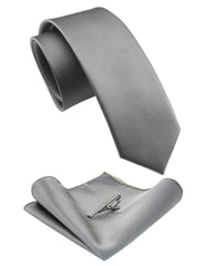 RBOCOTT 2.4 inches Grey Skinny Tie and Pocket Square with Tie Clip Sets for Men(6cm)