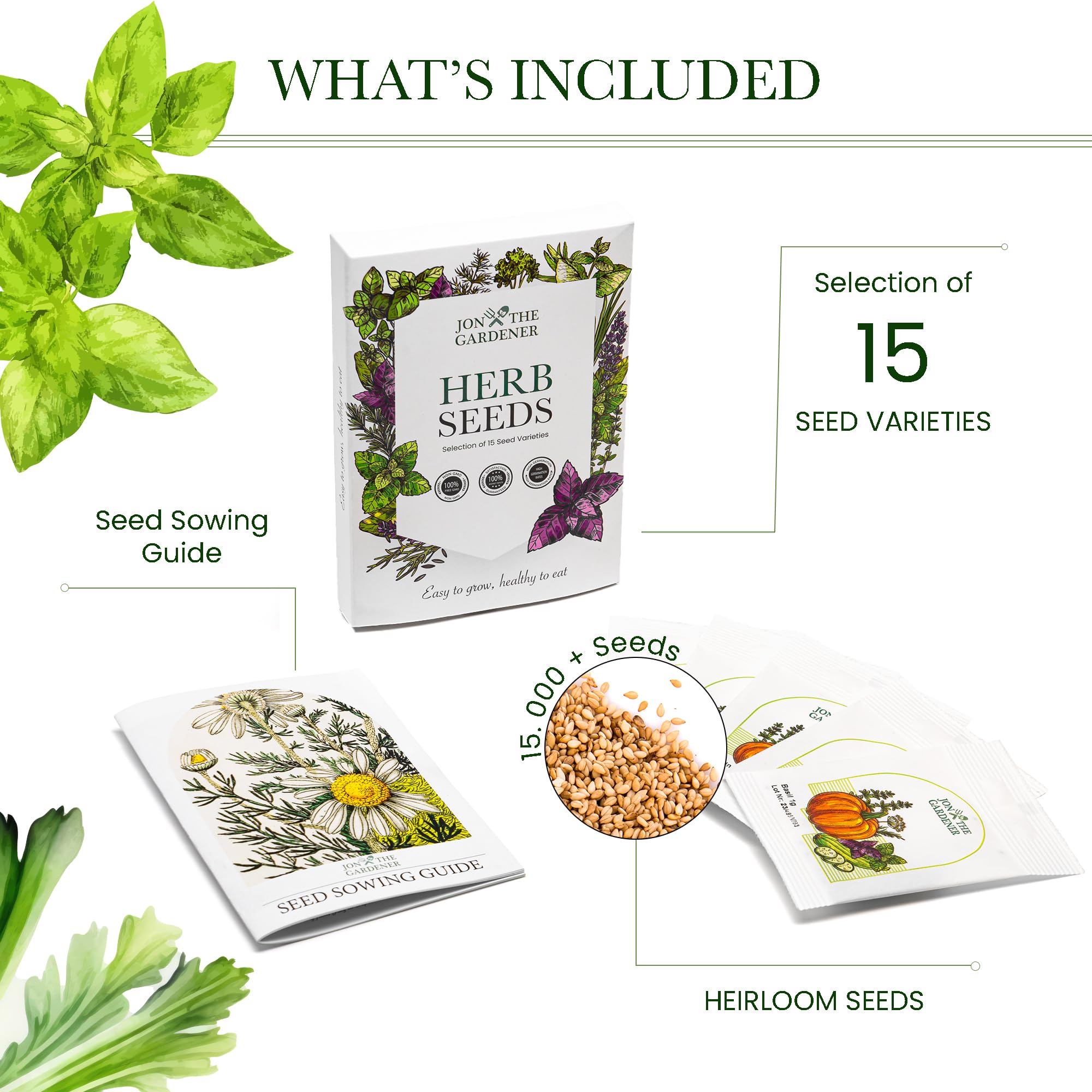 Jon the Gardener Herb Seeds Collection, 15 Herbs Varieties, 15,000 Seeds for Planting UK - Perfect Herb Garden - Mint Seeds, Coriander Seeds, Basil Seeds, and More