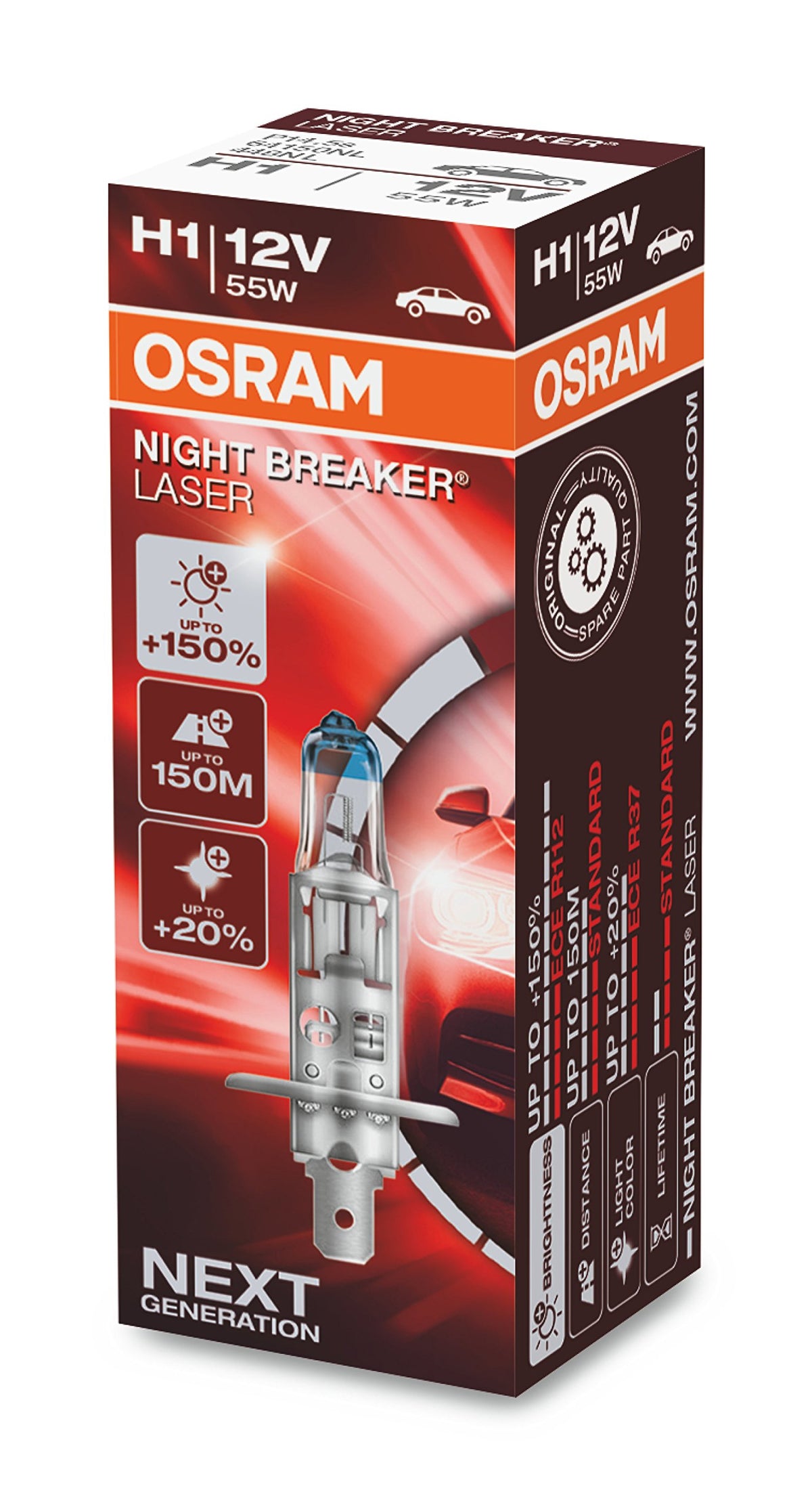 OSRAM NIGHT BREAKER LASER H1, and150% more brightness, halogen headlight lamp, 64150NL, 12V, folding box (1 lamp)