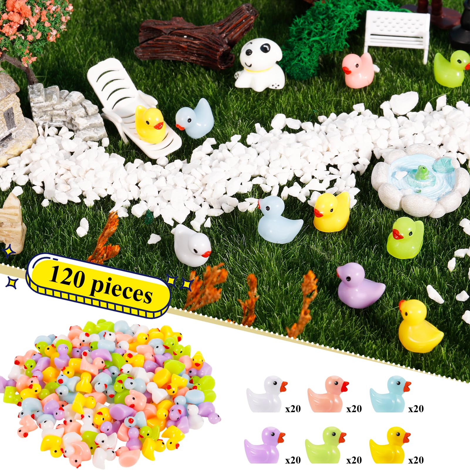 Heyu-Lotus 120 Pcs Mini Resin Ducks,Tiny Ducks Miniature Figures,Realistic Ducklings for Micro Fairy Garden Landscapes,Prank Game,Aquariums,Dollhouse Ornament,Christmas Birthday Party(6 Colors)