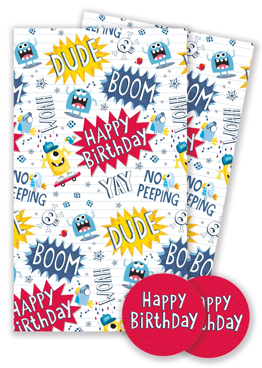 Abacus Cards 08772A  inchesBirthday Monsters inches Gift Wrap Pack with 2 Sheets & 2 Tags - Plastic Free & Fully Recyclable