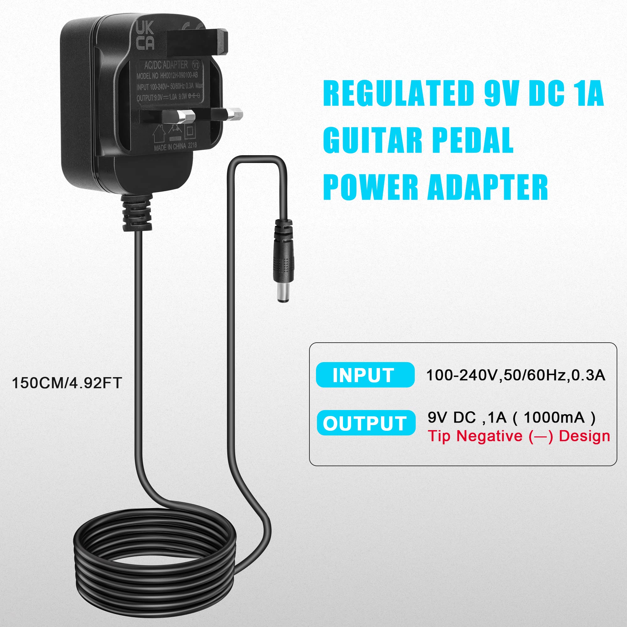 Guitar Pedal Adaptor Power Supply 9V DC 1A Centre Negative One Spot Charging Adapter Wall Charger Plug with 5 Way Daisy Chain Cables Cords for Guitar Bass Effects Pedal and Casio Keyboard, 10 Feet