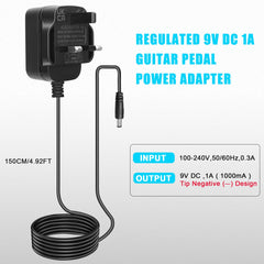 Guitar Pedal Adaptor Power Supply 9V DC 1A Centre Negative One Spot Charging Adapter Wall Charger Plug with 5 Way Daisy Chain Cables Cords for Guitar Bass Effects Pedal and Casio Keyboard, 10 Feet