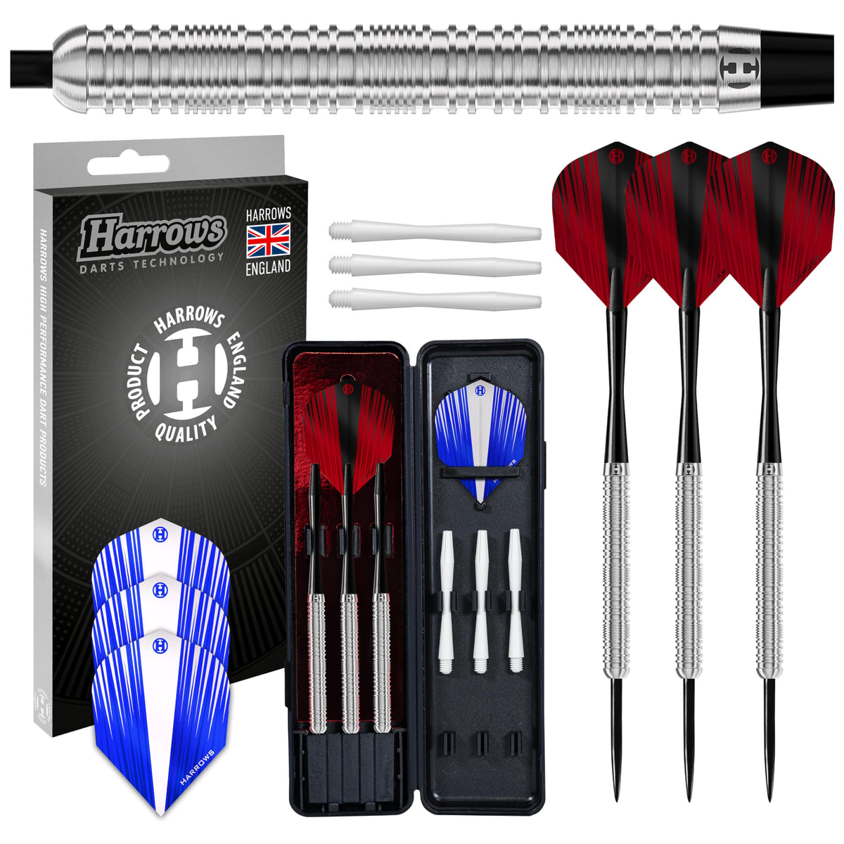 Harrows Caliber 90% Tungsten Steel Tip Darts Set 21g, 23g, & 25g - Includes Spare Shafts, Prime Flights & Travel Case (25, Grams)