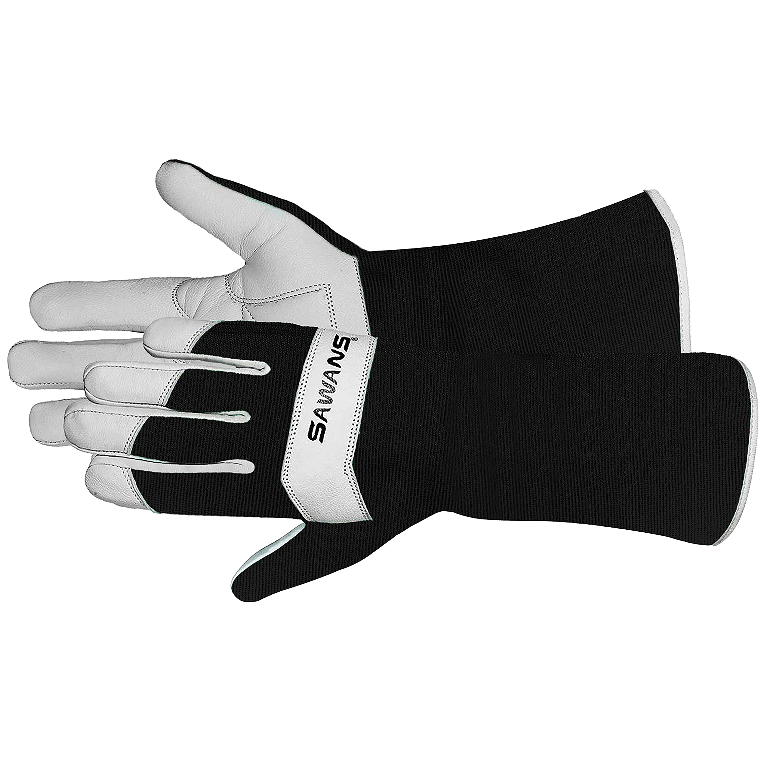 SAWANS Long Gardening Gloves Leather Ladies Men Women Durable Goatskin Garden Gloves Forearm Protection Thorn Proof Gardener Work Spandex Sleeves Rose Pruning Gift (Black, L)