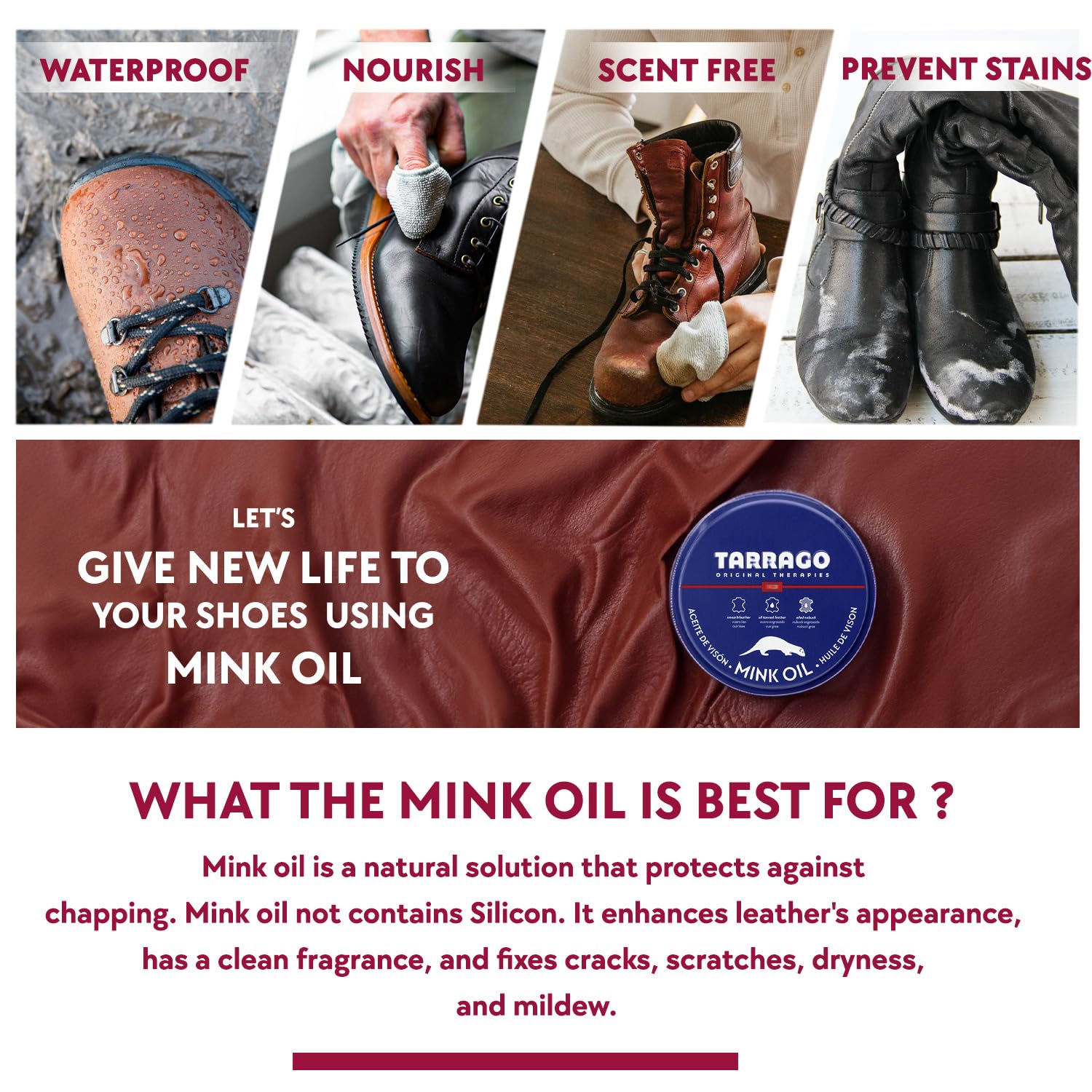 Tarrago Mink Oil 100 ml   Mink Oil Enriched Grease for Leather Goods   Filler Paste for Repairing All Types of Footwear On Leather Surfaces   Perfect for Leather and Textile Surfaces