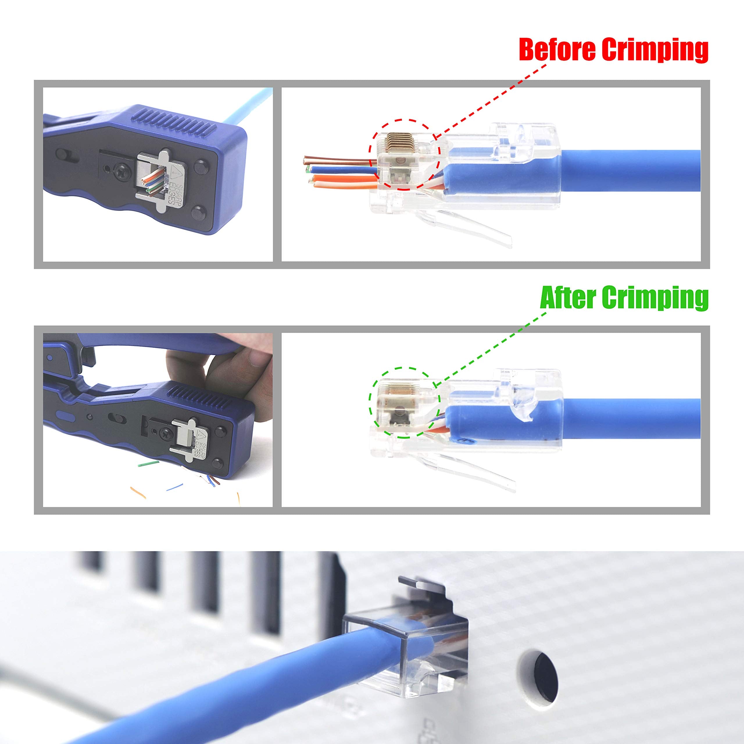 VCE 50μ RJ45 Connector Gold-plated Cat6 50 Pack, RJ45 Pass Through Connectors RJ45 Plugs Ethernet Plug for Cat6/Cat5/Cat5e UTP Solid & Stranded Network Cable