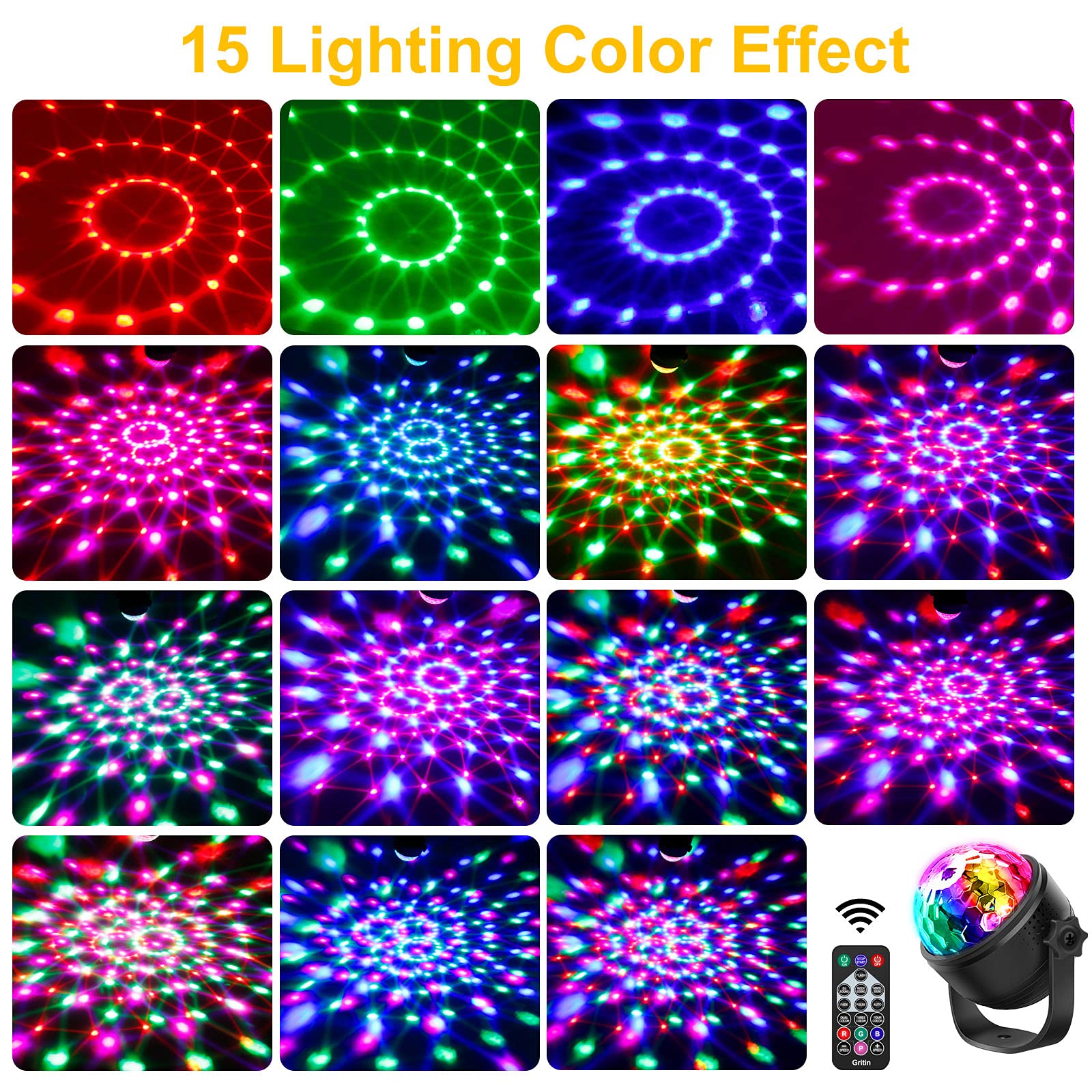 Gritin Disco Lights, 360° Rotation Sound Activated Disco Ball Party Lights with Remote Control - 3W RGB Dynamic Light Effect, 4M/13ft USB Cable for Kids Birthday, Friend Gathering, Xmas